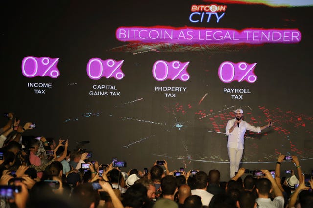 2-63872560 El Salvador’s president Nayib Bukele at the closing ceremony of a congress for cryptocurrency investors