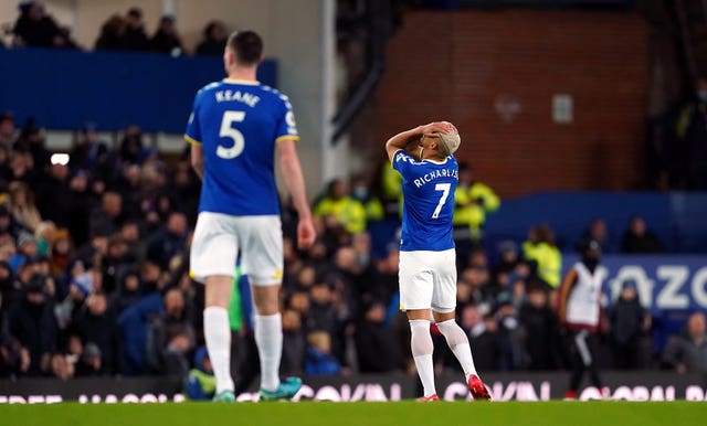 2-64177320 Everton’s Richarlison reacts after having a second goal against Arsenal ruled out by VAR at Goodison Park last season (Martin Rickett/PA)
