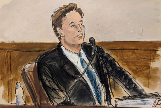 2-69803888 In this courtroom sketch Tesla chief executive Elon Musk gives evidence in a courtroom in Wilmington, Delaware