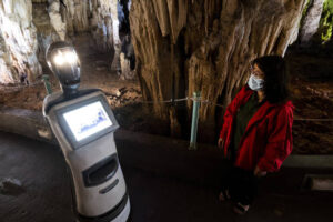Robot tour guide Persephone leads visitors through Greek cave