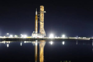 Nasa’s moon rocket moved to launch pad for first test flight
