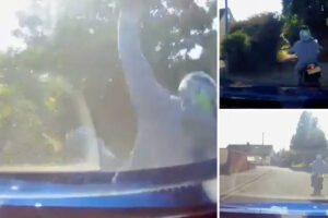 Shocking moment road rage pensioner chases motorcyclist through streets and slams into him, knocking him off his bike