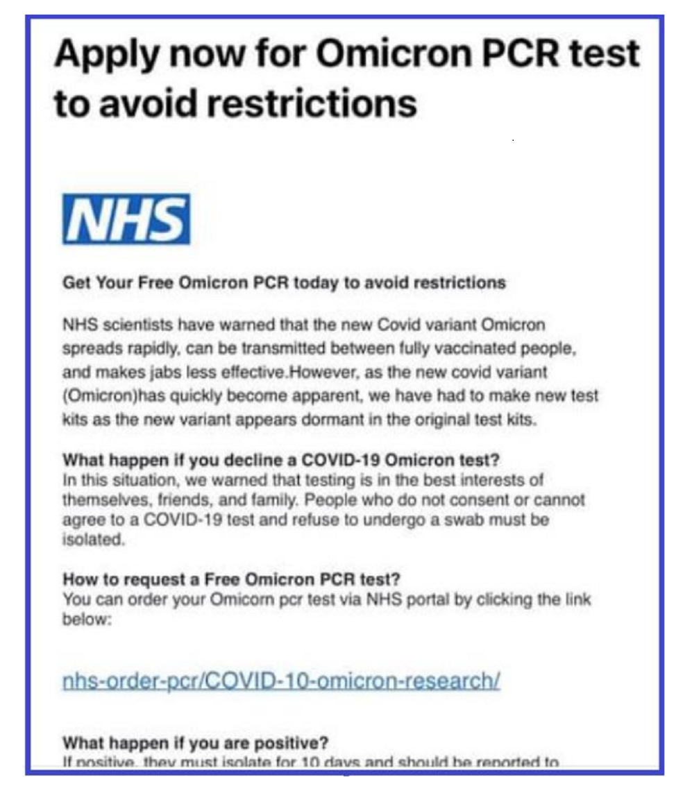 701c219f-f988-46e1-ba04-1d4857ad20ea Image of a scam message sent to the public about the Omicron variant and PCR tests