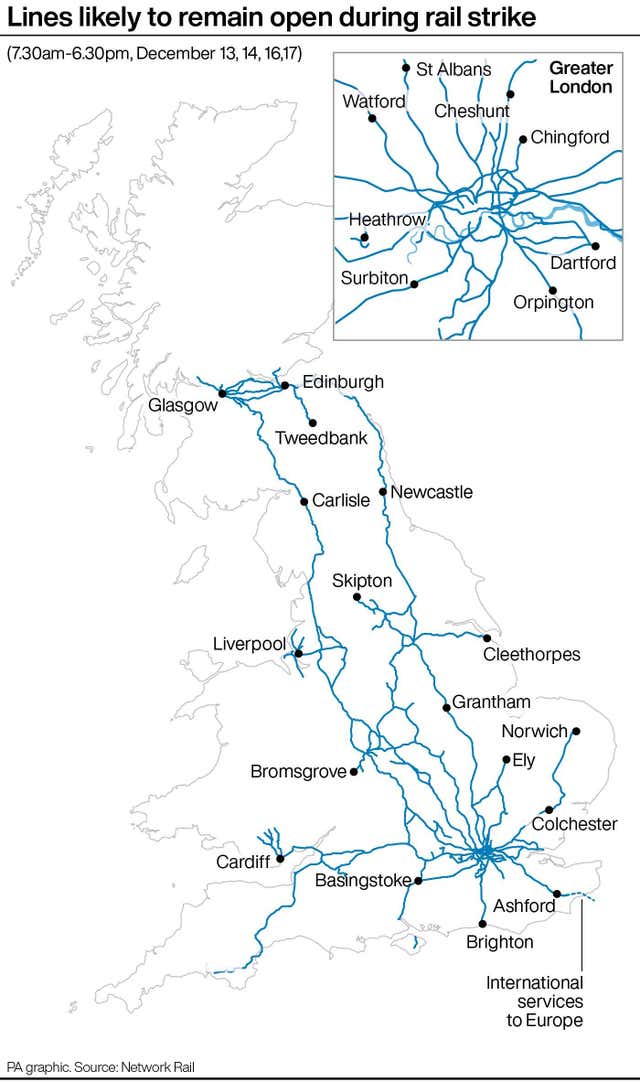 2-70220557 A graphic showing what lines will be open during rail strikes