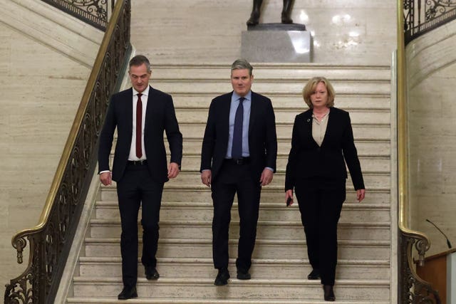 2-70537825 Peter Kyle, Sir Keir Starmer and shadow leader of the House of Lords Baroness Angela Smith at Stormont