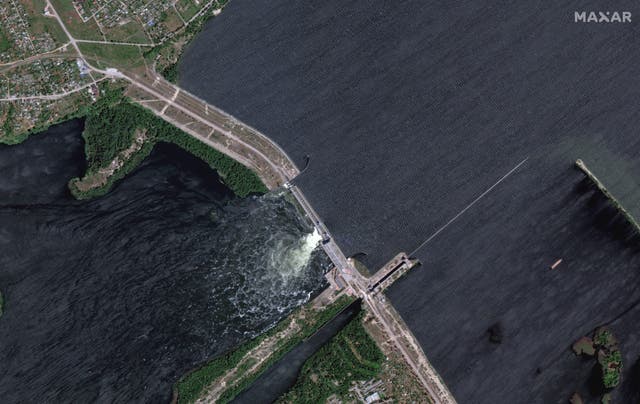 This satellite image provided by Maxar Technologies shows an overview of the Kakhovka dam in southern Ukraine on Monday