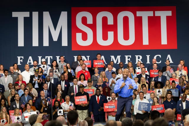 39fef355efc2403aaa1cec3dbabe3e93 Republican presidential candidate Tim Scott delivers his speech announcing his candidacy for president of the United States on the campus of Charleston Southern University in North Charleston, South Carolina