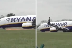 Terrifying moment sparks fly from Ryanair plane after nose wheel collapses during landing