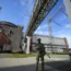 A Russian serviceman on guard near the Zaporizhzhia nuclear power station