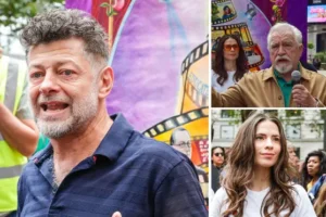 Brian Cox, Andy Serkis and Hayley Atwell among actors who join protest in solidarity with Hollywood strikes