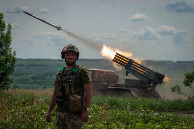 82b1e5b293c34f96ba1c24fa213605e6 A Ukrainian MSLR BM-21 'Grad' fires towards Russian positions, near Bakhmut at the front line in the Donetsk region, Ukraine