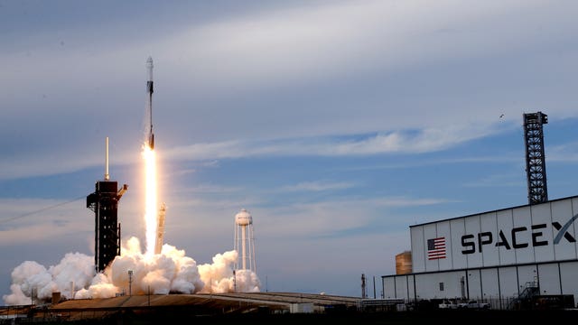 9edf28751f364ab995ad096b562dd76a A SpaceX Falcon 9 rocket, with the Dragon capsule and a crew of four private astronauts, lifts off from Pad 39A at the Kennedy Space Centre in Cape Canaveral, Florida