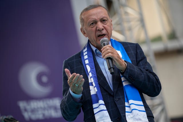 a6ed6d59cfe54a7d904cedb2b71cd8b4 Turkish President Recep Tayyip Erdogan delivers a speech during an election campaign rally in Istanbul, Turkey