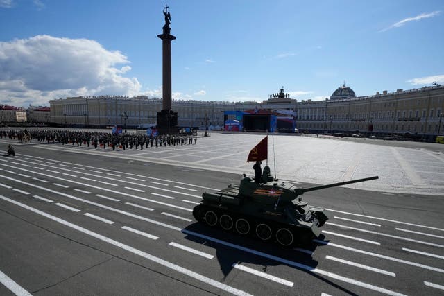 d4bf147fdcd44594aa8e6ab1b1e6b9c0 A Second World War Soviet army T-34 tank during a rehearsal for the Victory Day military parade in St Petersburg (