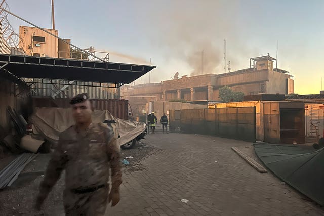 e737cbd9832a4dcfac8b1bee757e6b38 Smoke rises from the Swedish embassy in Baghdad after a small fire was lit