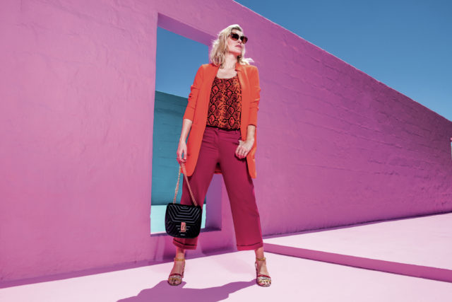 JD Williams Deep Orange Crepe Jacket; Snake Print Vest; Camilla Crop Turn Up Trousers; Three Strap Square Heeled Sandals