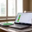 A laptop set up as a home workstation