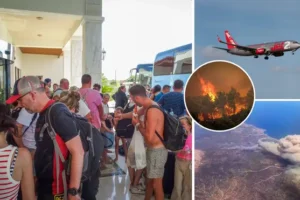 First rescue flights from fire-ravaged Rhodes arrive back in the UK as Brits forced to flee in mass evacuation