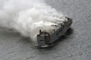 Fire still burning on ship carrying 3,000 cars near bird habitat