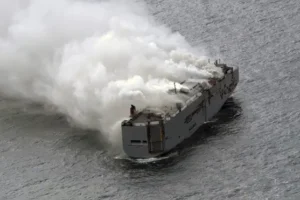Salvage crews board burning cargo ship off Dutch coast