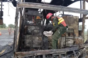 18 killed as bus engulfed in flames after hitting van in Pakistan
