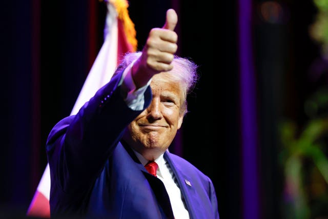 74f0ef0d26d84d19b45986b2ec06f930 Former US president Donald Trump speaks at a fundraiser event for the Alabama GOP in Montgomery, Alabama