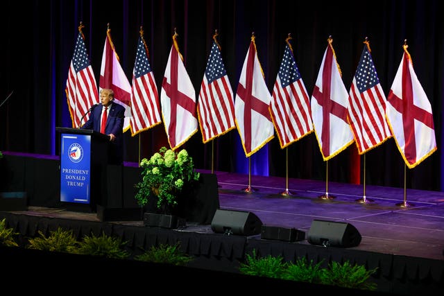 b7a40cdc4afd43a6a7a22c3646b74e5f Former US president Donald Trump speaks at a fundraiser event for the Alabama GOP in Montgomery, Alabama