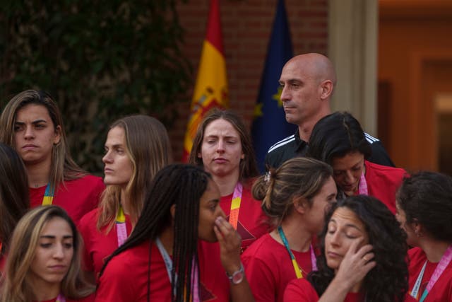 Mr Rubiales, top right, with members of the World Cup winning squad during the reception