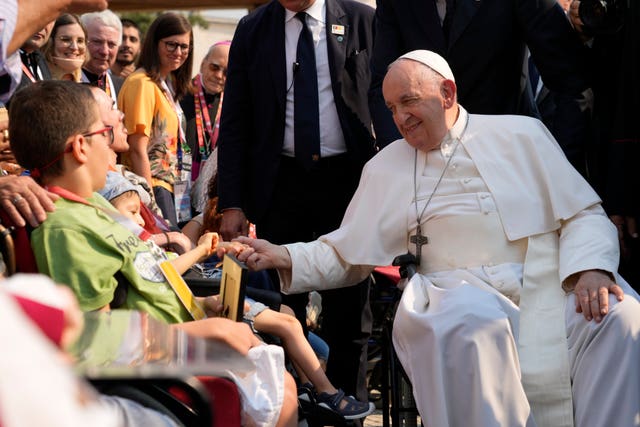 Pope Francis meets young people with disabilities at the Catholic holy shrine of Fatima, in central Portugal