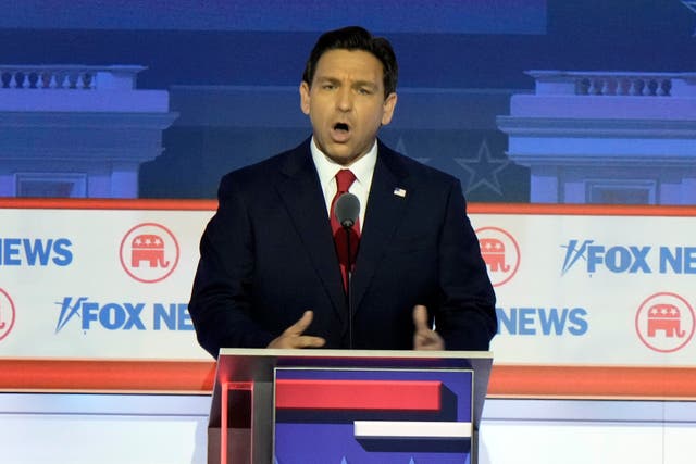 f9802a1a2c8e458097a0955d77b84fda Republican presidential candidate Florida governor Ron DeSantis speaks during a Republican presidential primary debate in Milwaukee