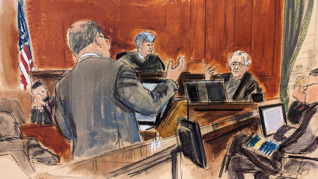 e485e4449d074dc7900fc11d39a61e33 In this courtroom sketch, Robert De Niro, seated background right, is questioned by his lawyer Laurent Drogin, foreground, with Judge Lewis J Liman presiding, background centre, in Manhattan federal court in New York