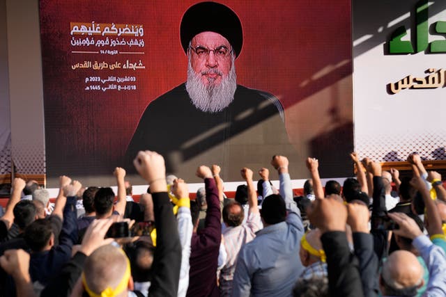Supporters of Hezbollah cheer as leader Hassan Nasrallah appears via video link