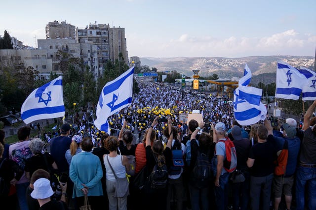 Family and supporters of the estimated 240 hostages held by Hamas in Gaza complete the final leg of a five-day solidarity rally calling for their return, from Tel Aviv to the Prime Minister’s office in Jerusalem, in Jerusalem