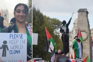 Sickening poster at the Cenotaph: Met investigation as calls grow to stop protesters targeting ‘sacred’ Remembrance Day