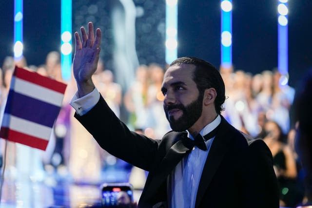 887b24077b6c4899ba5a550fc723d2ef El Salvador’s President Nayib Bukele waves while attending pageant in San Salvador on Saturday