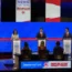 Florida governor Ron DeSantis, third from left, speaks as former New Jersey governor Chris Christie, left, former UN ambassador Nikki Haley and businessman Vivek Ramaswamy, right, watch during a Repub