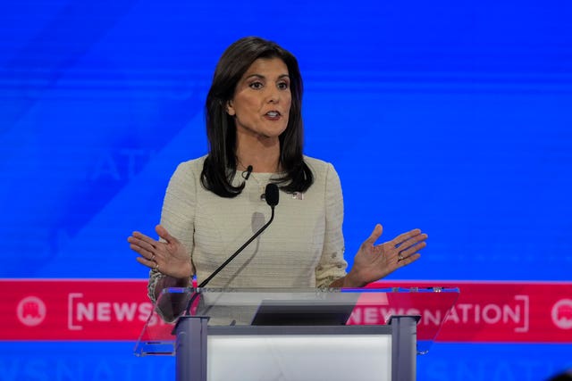 6f5d2aa535d74848af59bc42e05c6bce Republican presidential candidate and former UN ambassador Nikki Haley speaks during a Republican presidential primary debate hosted by NewsNation at the Moody Music Hall at the University of Alabama in Tuscaloosa