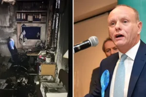 Two people charged with arson over fire at Conservative MP Mike Freer’s London constituency office