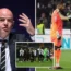 Fifa boss president Gianni Infantino (left) has called for teams to face automatic forfeits if fans commit racist abuse. It comes after AC Milan goalkeeper Mike Maignan walked off the pitch after hearing monkey noises targetted at him (right)