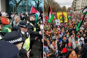 Dozen arrested as 30,000 pro-Palestine demonstrators march through central London calling for Gaza ceasefire