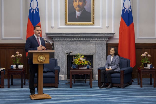 9ae678d1ab79419491477e9e77c74ec9 Representative Mike Gallagher speaks during a meeting with Taiwanese President Tsai Ing-wen