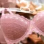 Pink lace bra on a rack in female hand in lingerie store