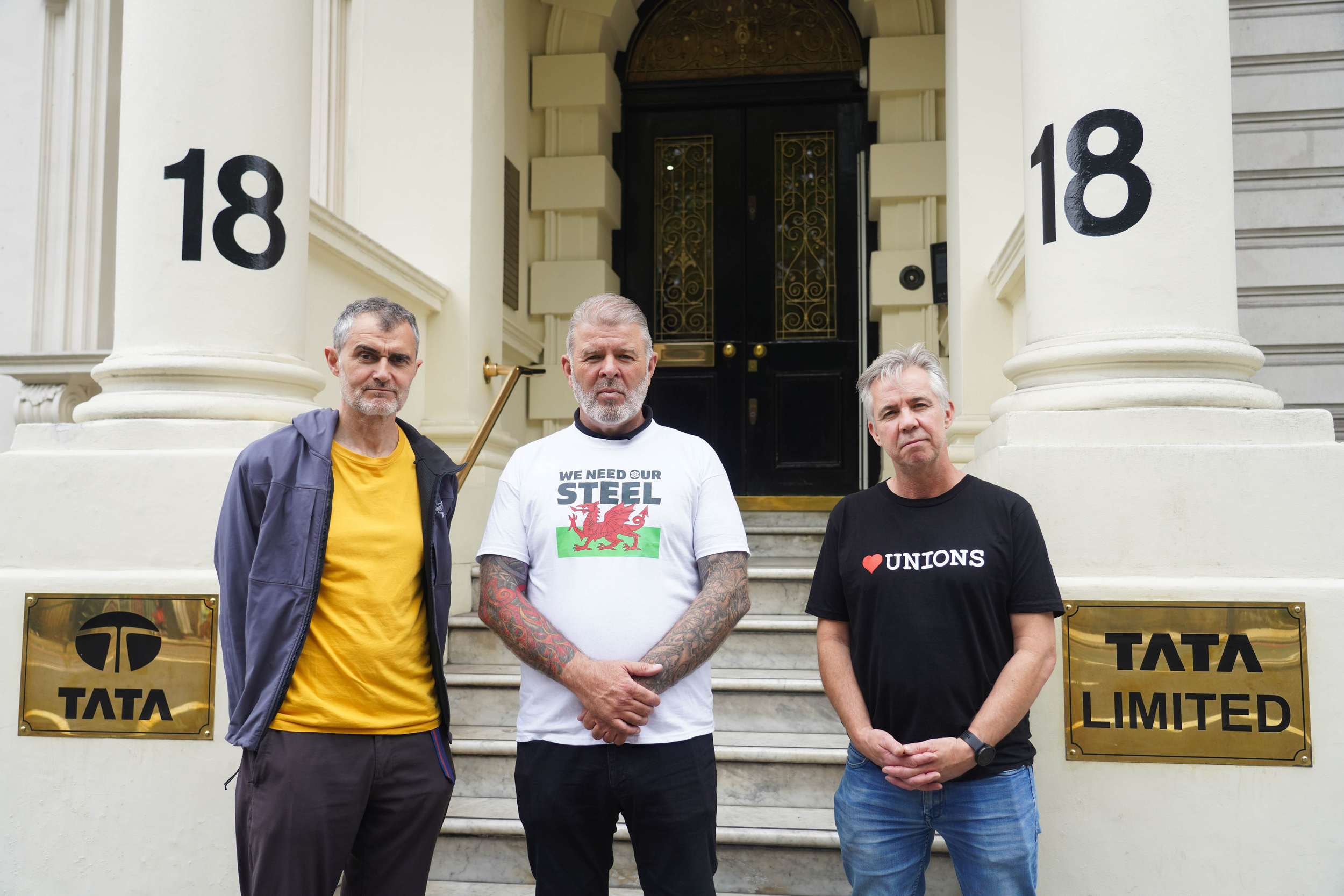 Paul Morozzo, left to right, Alun Davies and Stephen Smith outside Tata Steel's offices in London