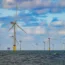 View of turbines at sea in Gwynt y Mor offshore wind farm