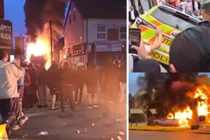 Home Secretary condemns ‘shocking’ riot in Leeds, after bus set on fire and police car overturned in mass disorder