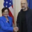 Ukraine’s Prime Minister Denys Shmyhal, right, shakes hands with Penny Pritzker, left, former US Commerce Secretary