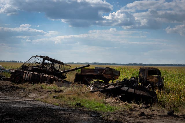 08c674a36aad42f0bcc0a4711de7da79 Destroyed Russian tanks lie on a roadside near Sudzha, in the Kursk region