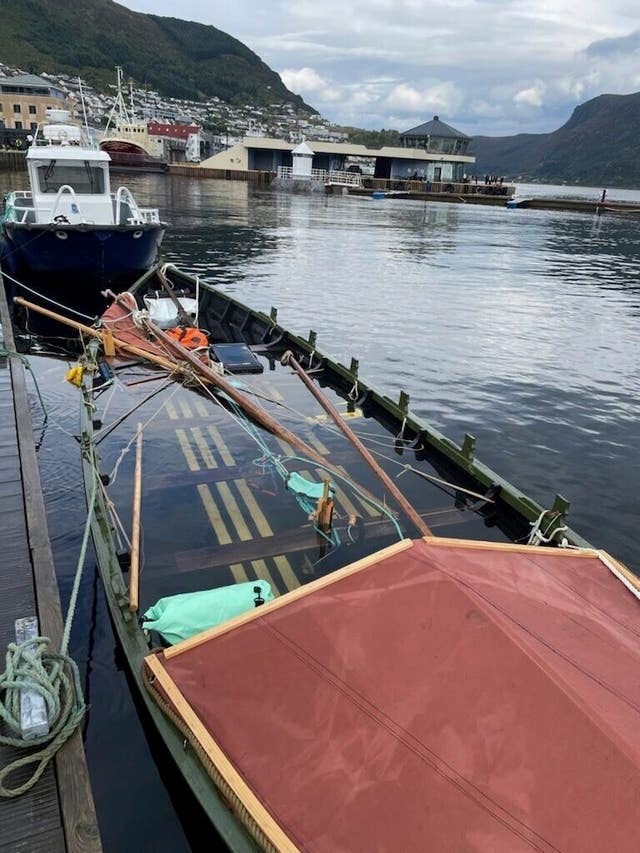 1e8822d842404acab7b7d0537ee16507 The Viking ship replica moored at the quay in Maloy after capsizing earlier this week off Norway’s coast