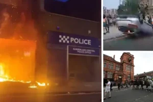 Far-right rioters set police station ablaze in Sunderland as authorities brace for weekend of disorder