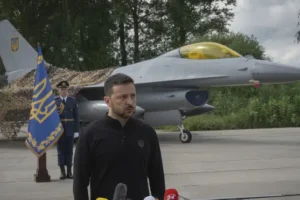 Ukraine displays newly arrived F-16 fighter jets to combat Russia in the air